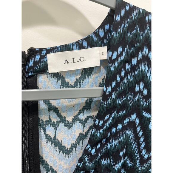 A.L.C. Blue & Black Kylia 100% Silk Asymmetrical Midi Dress Sz 2 - Picture 4 of 11